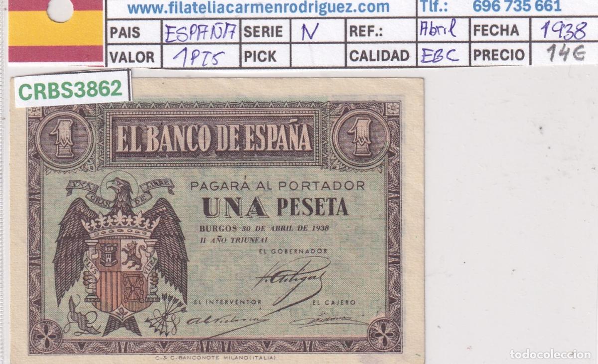 Billetes locales: CRBS3862 BILLETE ESPA&Ntilde;A 1 PESETA 1938 ABRIL SERIE N EBC