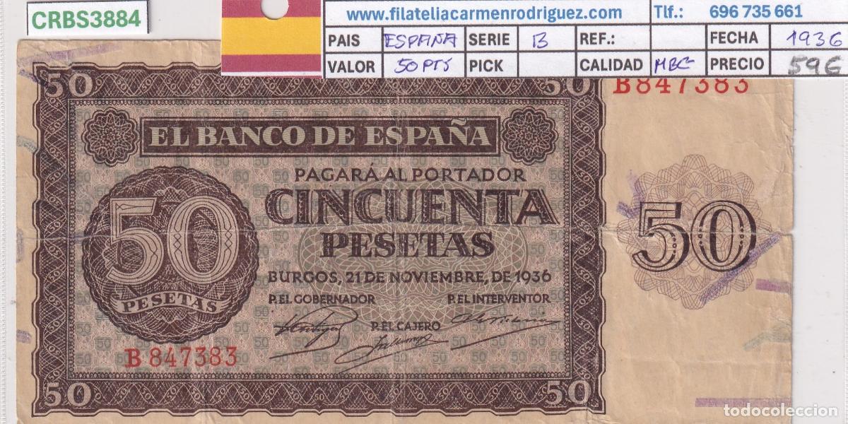 Billetes locales: CRBS3884 BILLETE ESPA&Ntilde;A 50 PESETAS 1936 SERIE B MBC-
