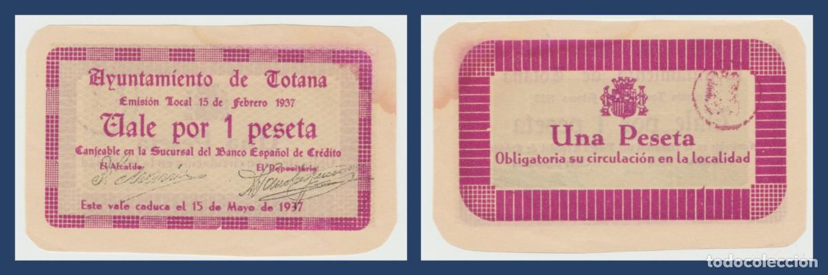 Billetes locales: Totana (Murcia) - 1 peseta - 1&ordf; Emision del 15 de Febrero del 37 - Sin Serie - con sello exc. de imp