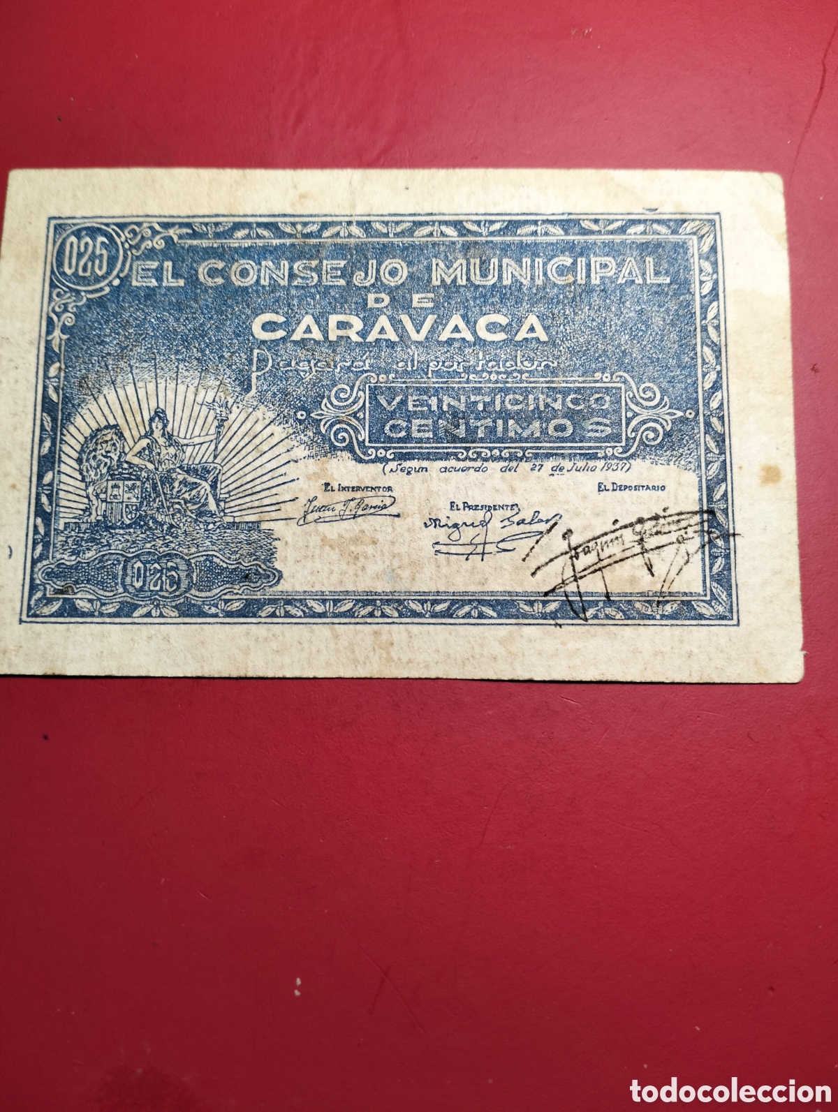 Billetes locales: 1937 EL CONSEJO MUNICIPAL DE CARAVACA. (Murcia)