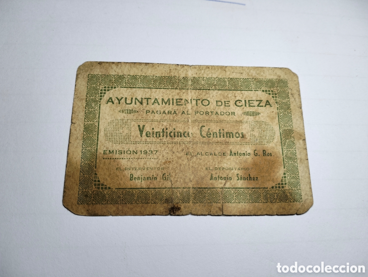 Billetes locales: 1937 AYUNTAMIENTO DE CIEZA, Murcia. 25 C&eacute;ntimos