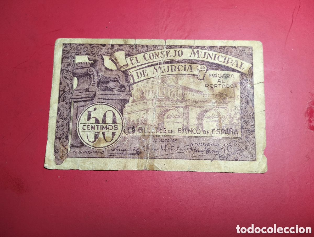 Billetes locales: 1937 EL CONSEJO MUNICIPAL DE MURCIA. 50 C&eacute;ntimos. Serie I.