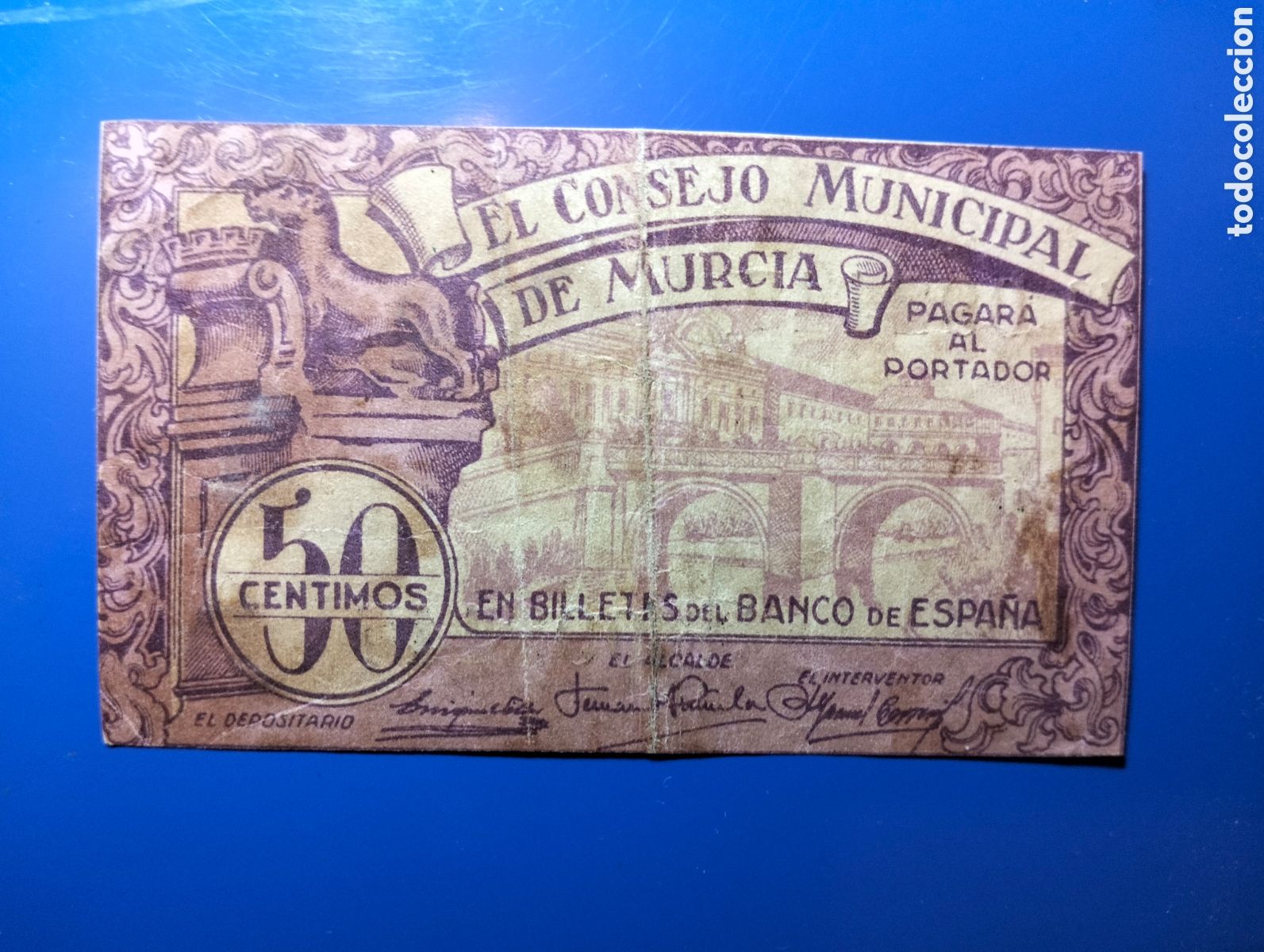 Billetes locales: 1937 EL CONSERJO MUNICIPAL DE MURCIA. 50 CENTIMOS. SERIE D.