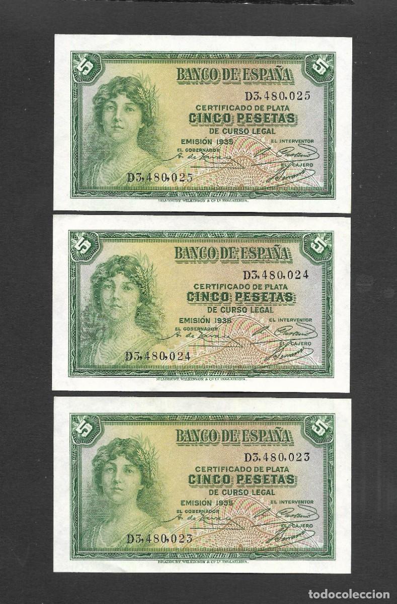 Billetes locales: TRIO CORRELATIVO 5 PESETAS 1935 SERIE D S/C-