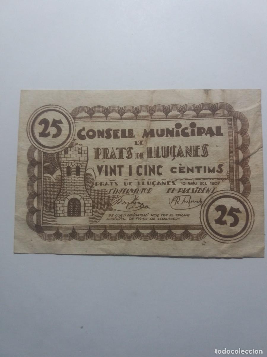 Billetes locales: Billete 25 C&egrave;ntims Consell Municipal PRATS de LLU&Ccedil;ANES 10 Maig 1937
