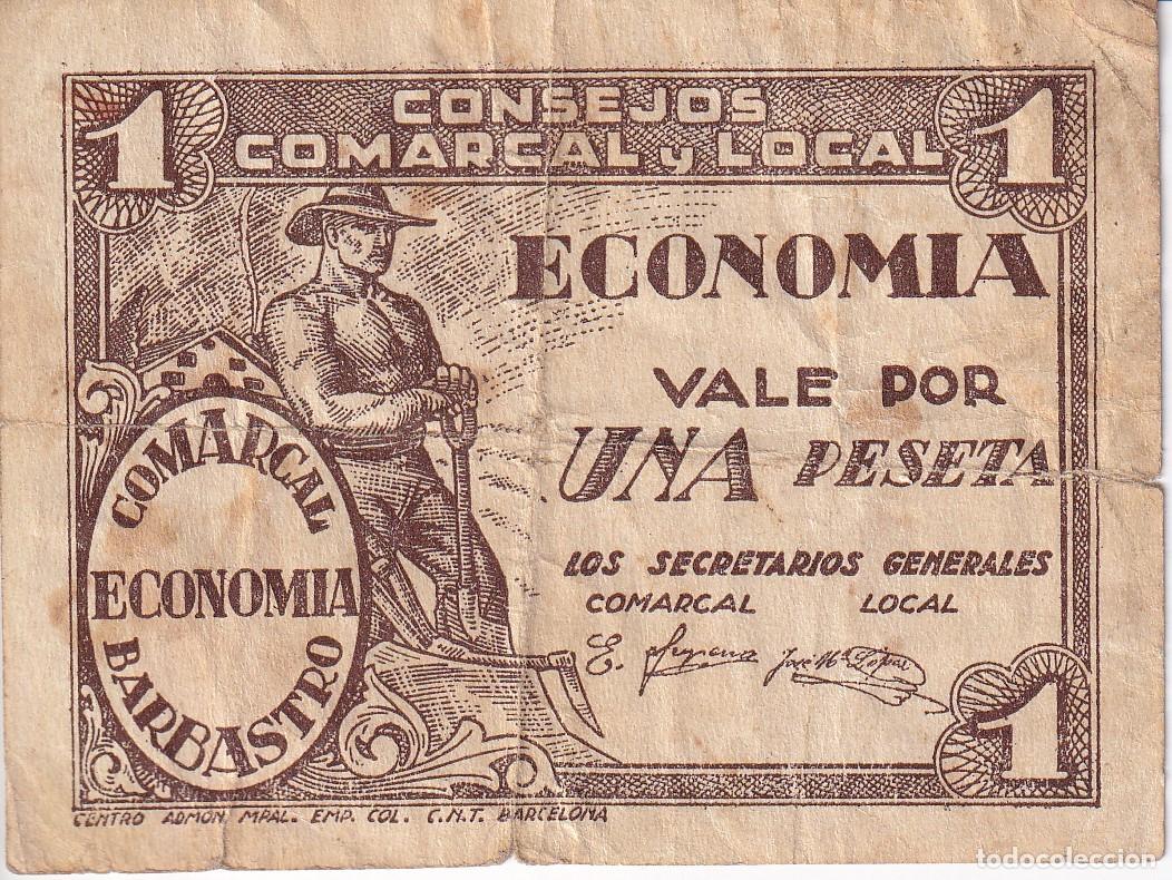 Banconote locali: BILLETE DE 1 PESETA DEL CONSEJO MUNICIPAL DE BARBASTRO DEL A&Ntilde;O 1937 (N&ordm; PEQUE&Ntilde;OS)
