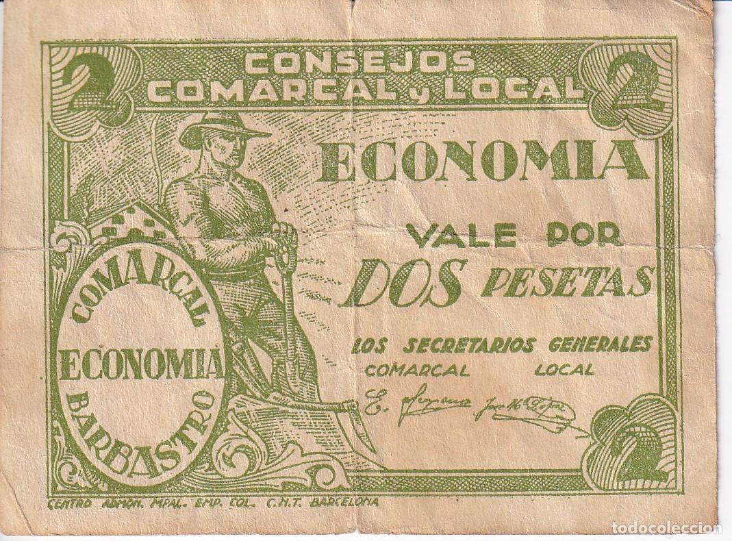 Lokale Banknoten: BILLETE DE 2 PESETAS DEL CONSEJO MUNICIPAL DE BARBASTRO DEL A&Ntilde;O 1937 (N&ordm; PEQUE&Ntilde;OS)