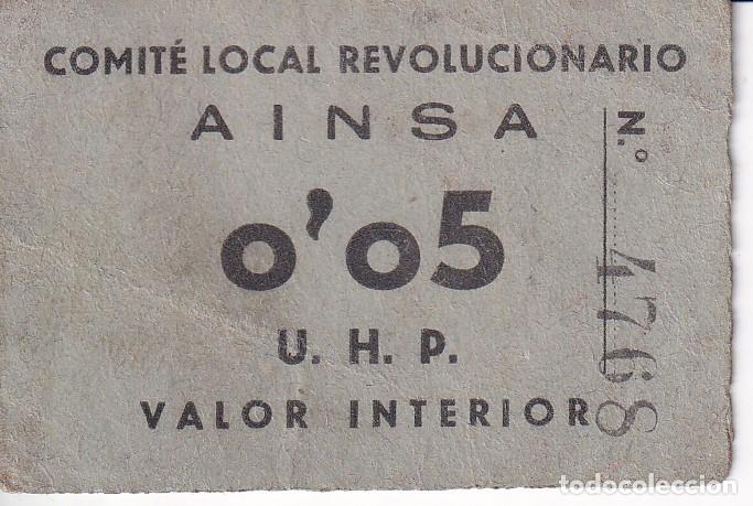 Billetes locales: BILLETE DE 5 CENTIMOS DEL COMITE LOCAL REVOLUCIONARIO DE AINSA DEL A&Ntilde;O 1937 (UHP) MUY RARO