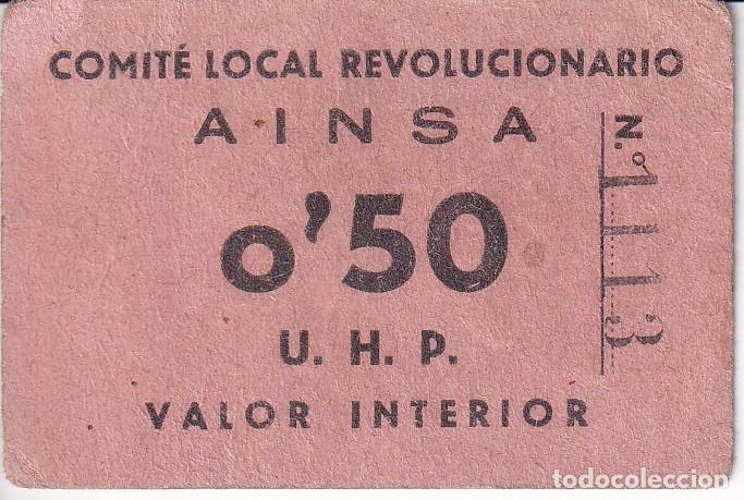 Lokale Banknoten: BILLETE DE 50 CENTIMOS DEL COMITE LOCAL REVOLUCIONARIO DE AINSA DEL A&Ntilde;O 1937 (UHP) MUY RARO