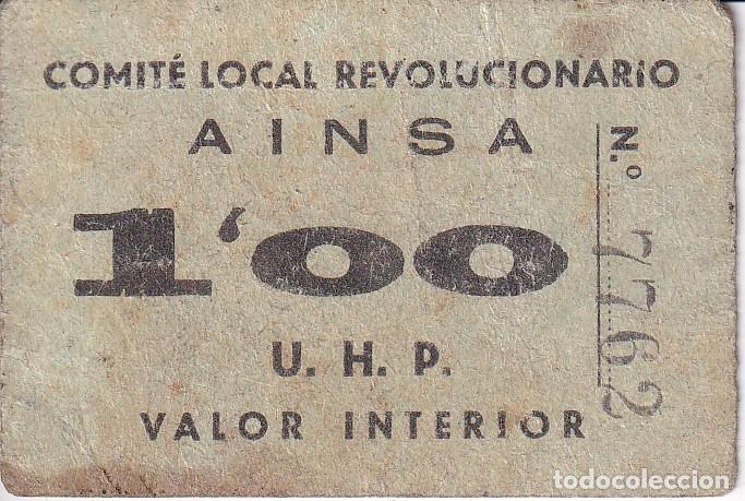 Lokale Banknoten: BILLETE DE 1 PESETA DEL COMITE LOCAL REVOLUCIONARIO DE AINSA DEL A&Ntilde;O 1937 (UHP) RARO