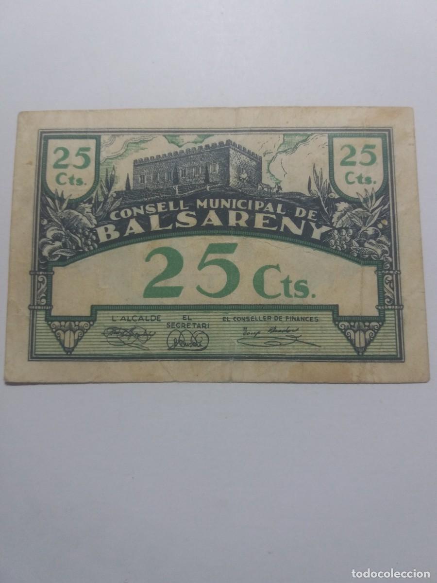 Billetes locales: Billete 25 C&egrave;ntims Consell Municipal BALSARENY 16 Juliol 1937