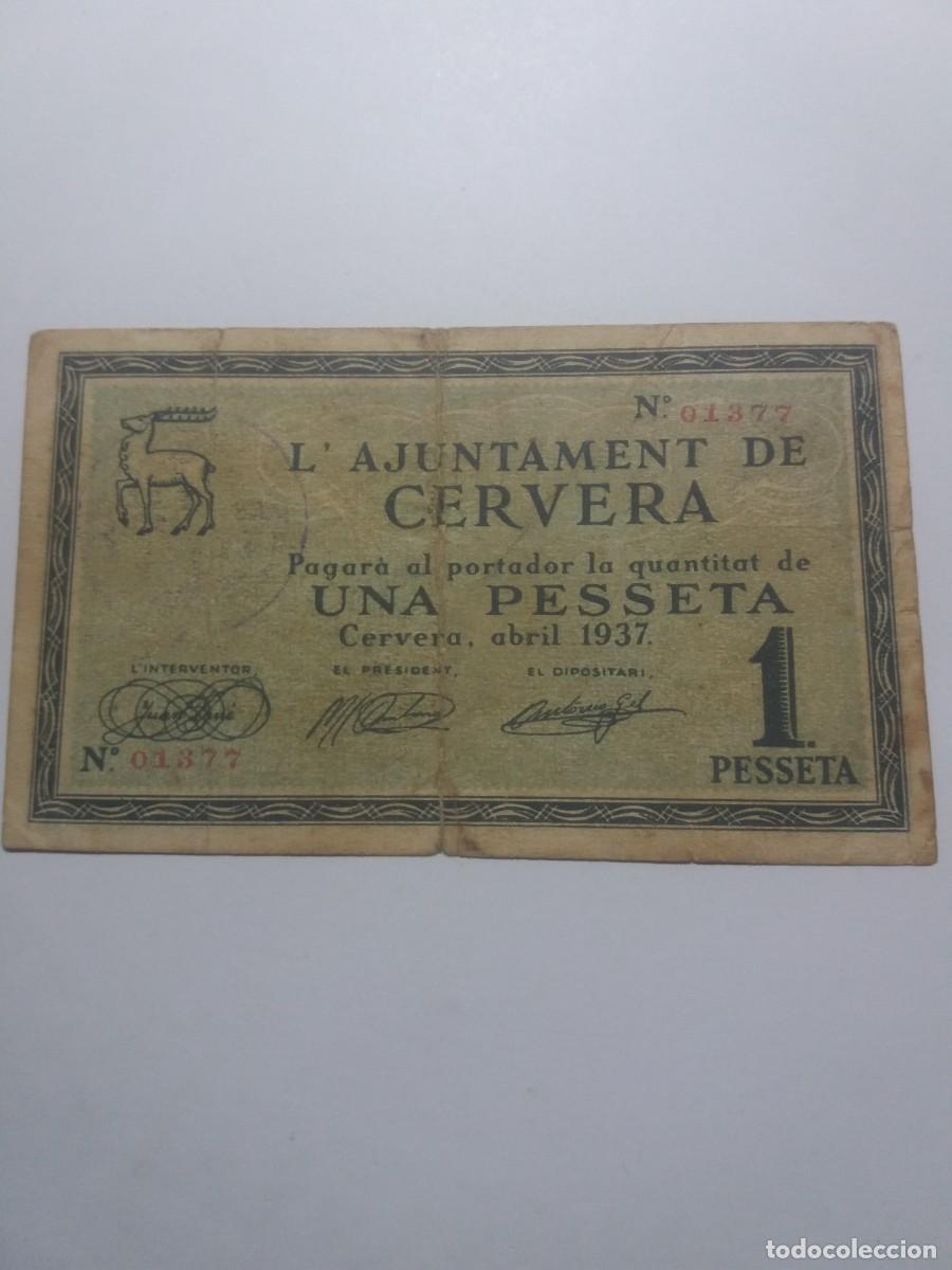 Billetes locales: Billete 1 Pesseta Ajuntament CERVERA Abril 1937