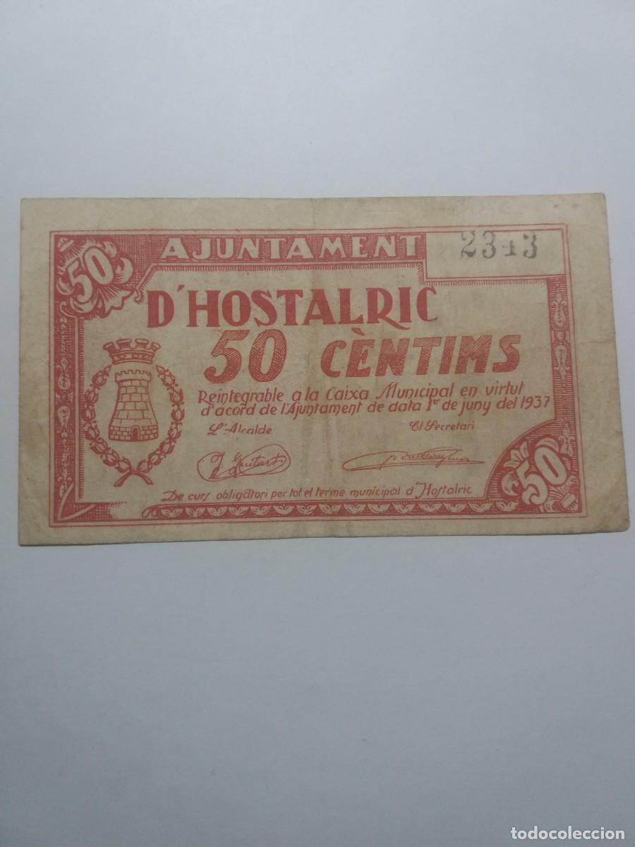 Billetes locales: Billete 50 C&egrave;ntims Ajuntament HOSTALRIC 1er. Juny 1937