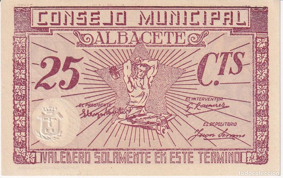 Banconote locali: BILLETE DE 25 CENTIMOS DEL CONSEJO MUNICIPAL DE ALBACETE DEL A&Ntilde;O 1937 SIN CIRCULAR (SC) SELLO SECO