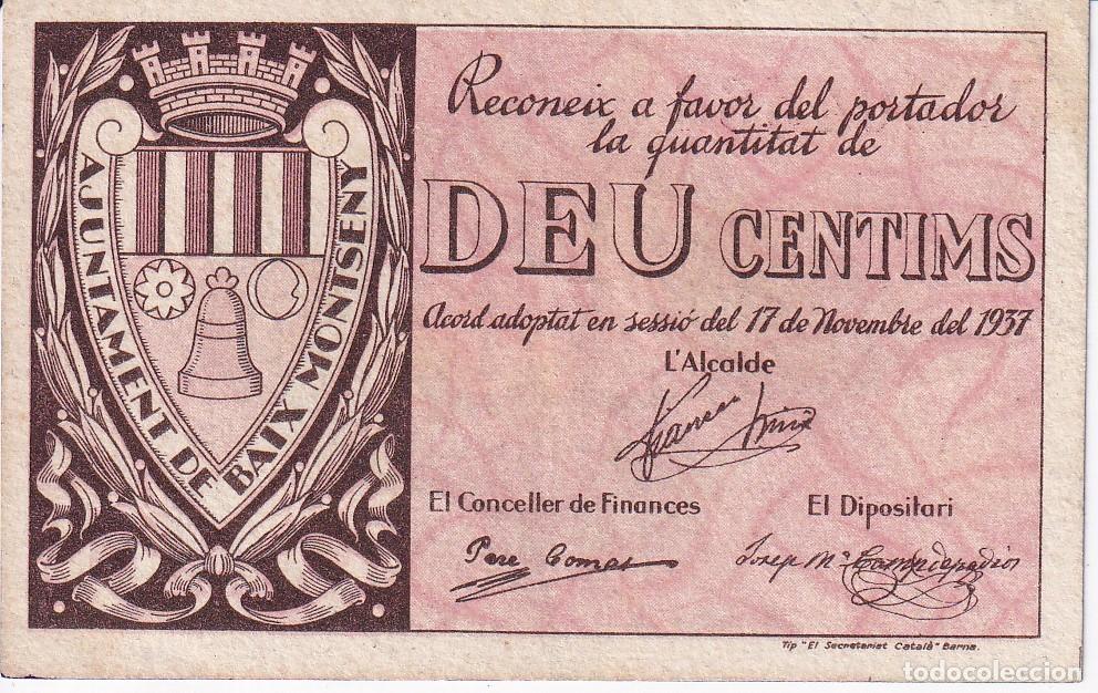 Lokale Banknoten: BILLETE DE 10 CENTIMOS DEL BAIX MONTSENY DEL A&Ntilde;O 1937 CALIDAD EBC