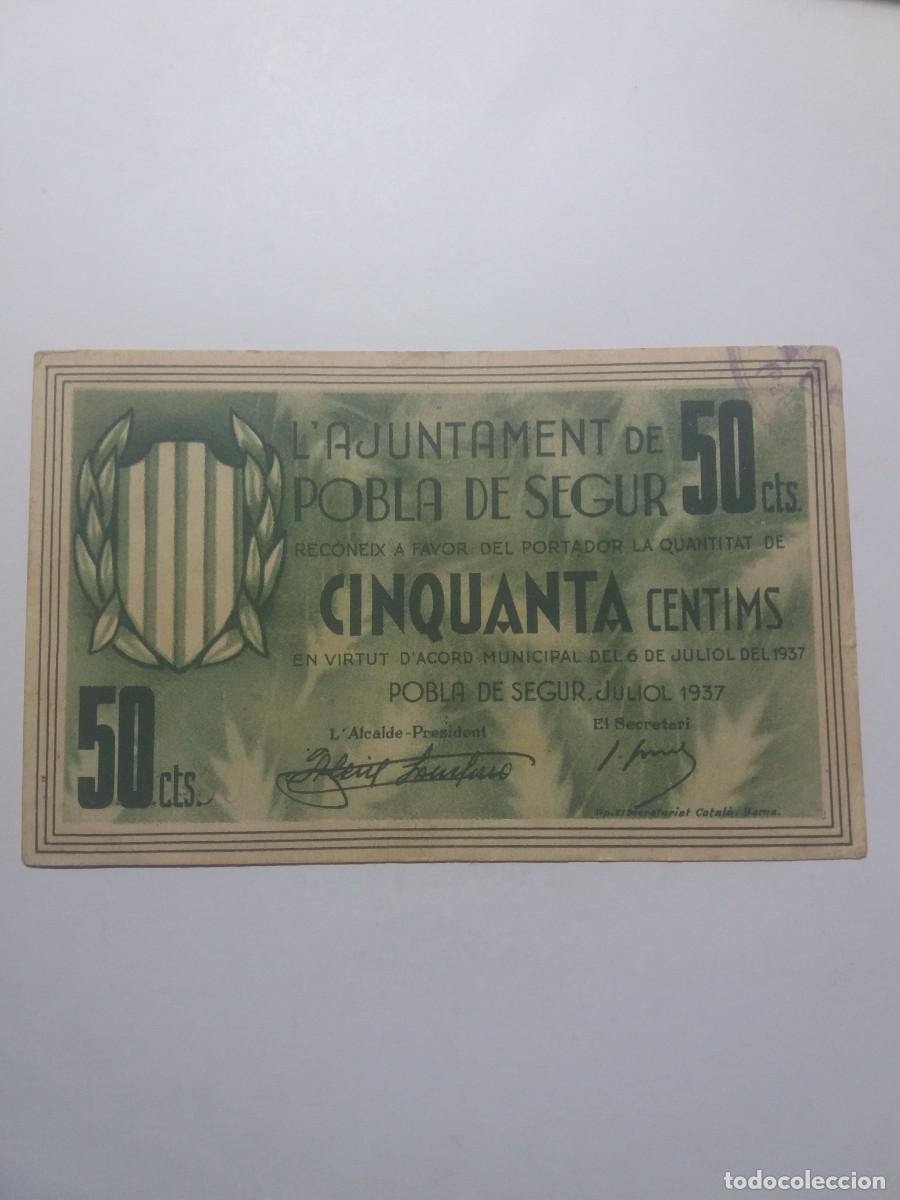 Billetes locales: Billete 50 C&egrave;ntims Ajuntament POBLA DE SEGUR 6 Juliol 1937