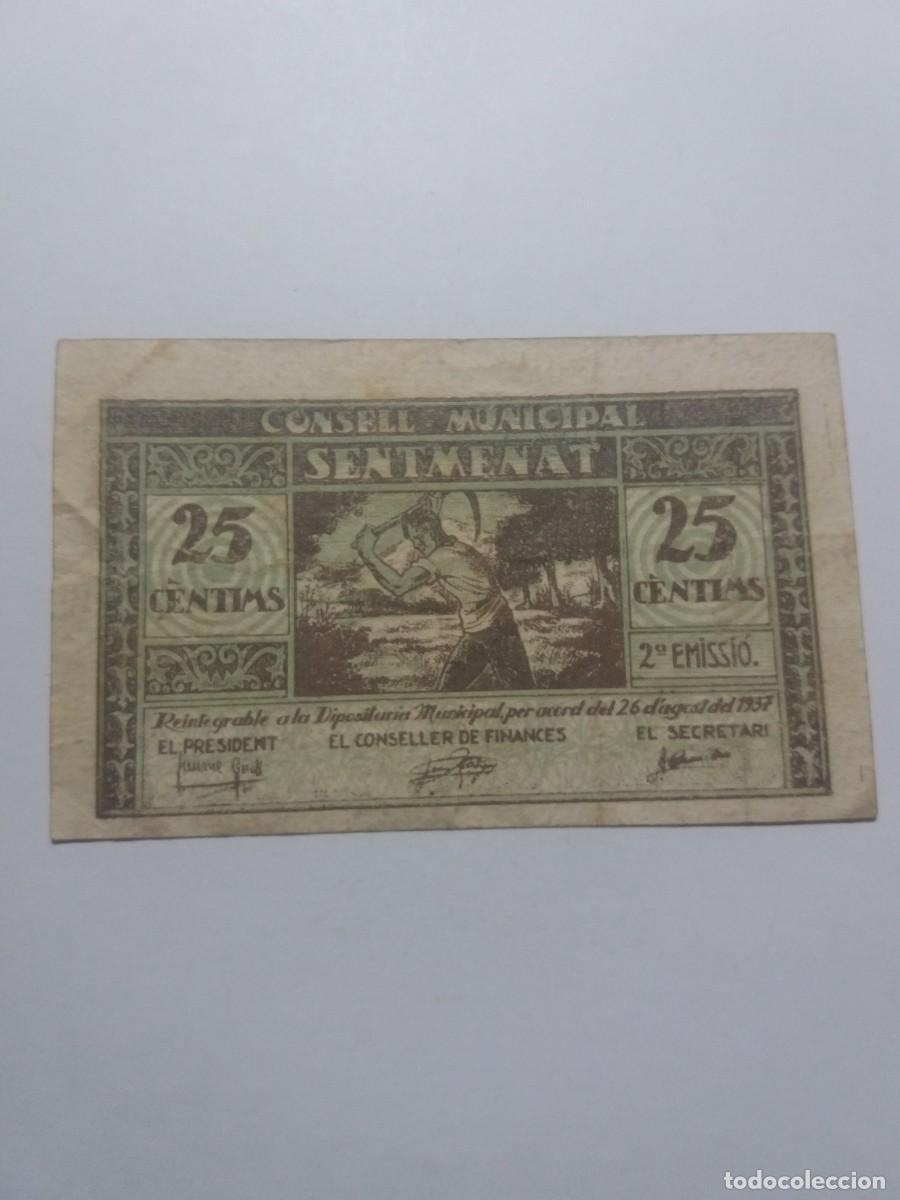Billetes locales: Billete 25 C&egrave;ntims Consell Municipal SENTMENAT 26 Agost 1937