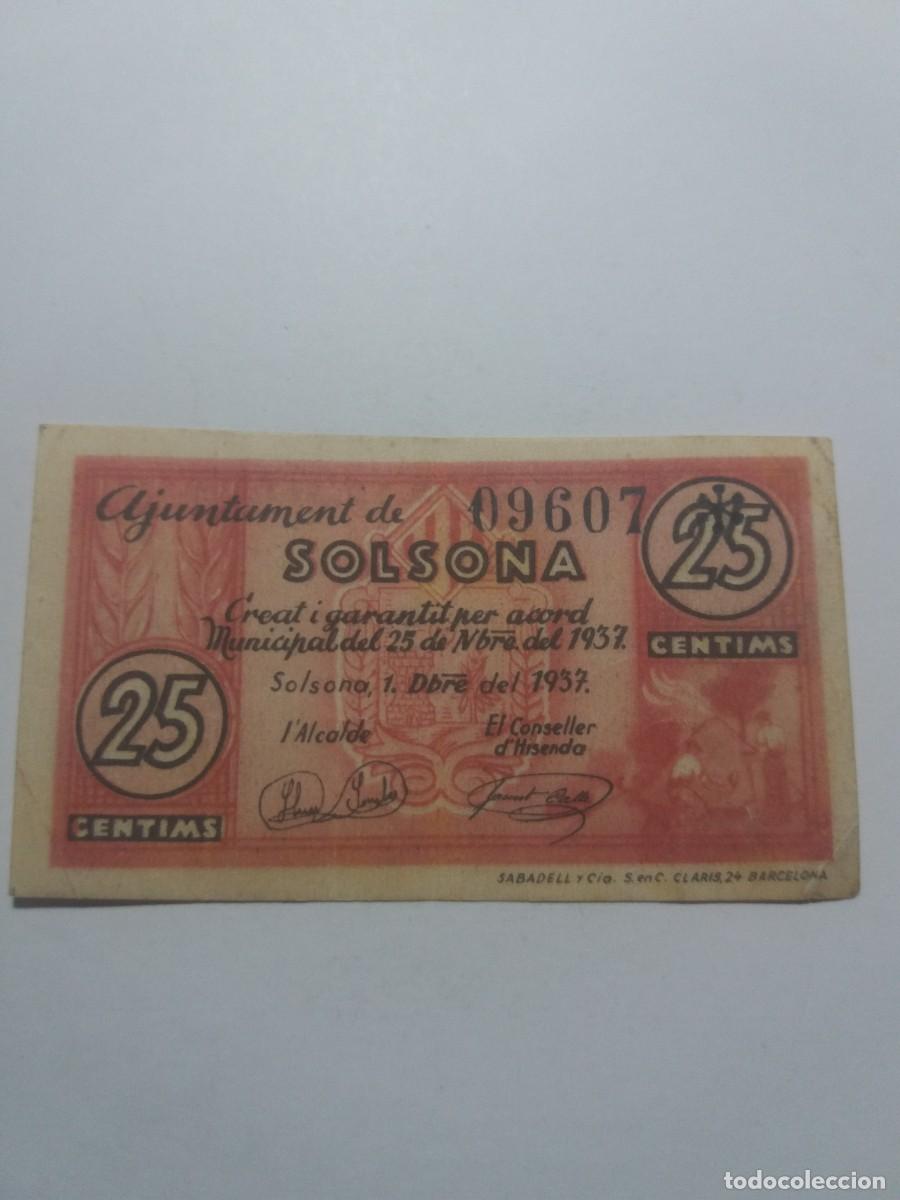 Billetes locales: Billete 25 C&egrave;ntims Ajuntament SOLSONA 25 Novembre 1937