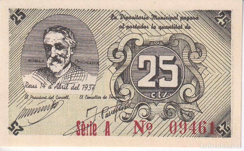 Billetes locales: BILLETE DE 25 CENTIMOS DEL CONSELL MUNICIPAL DE REUS DEL A&Ntilde;O 1937 SERIE A SIN CIRCULAR (SC)