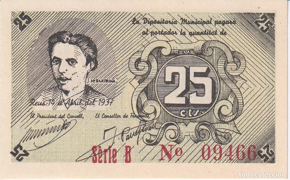Lokale Banknoten: BILLETE DE 25 CENTIMOS DEL CONSELL MUNICIPAL DE REUS DEL A&Ntilde;O 1937 SERIE B SIN CIRCULAR (SC)