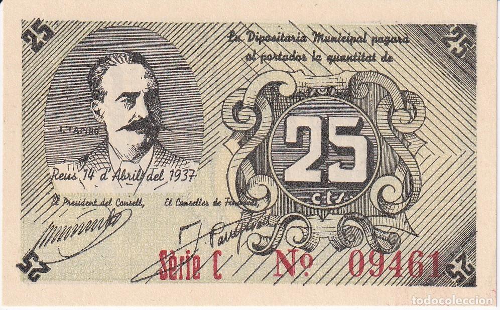 Lokale Banknoten: BILLETE DE 25 CENTIMOS DEL CONSELL MUNICIPAL DE REUS DEL A&Ntilde;O 1937 SERIE C SIN CIRCULAR (SC)