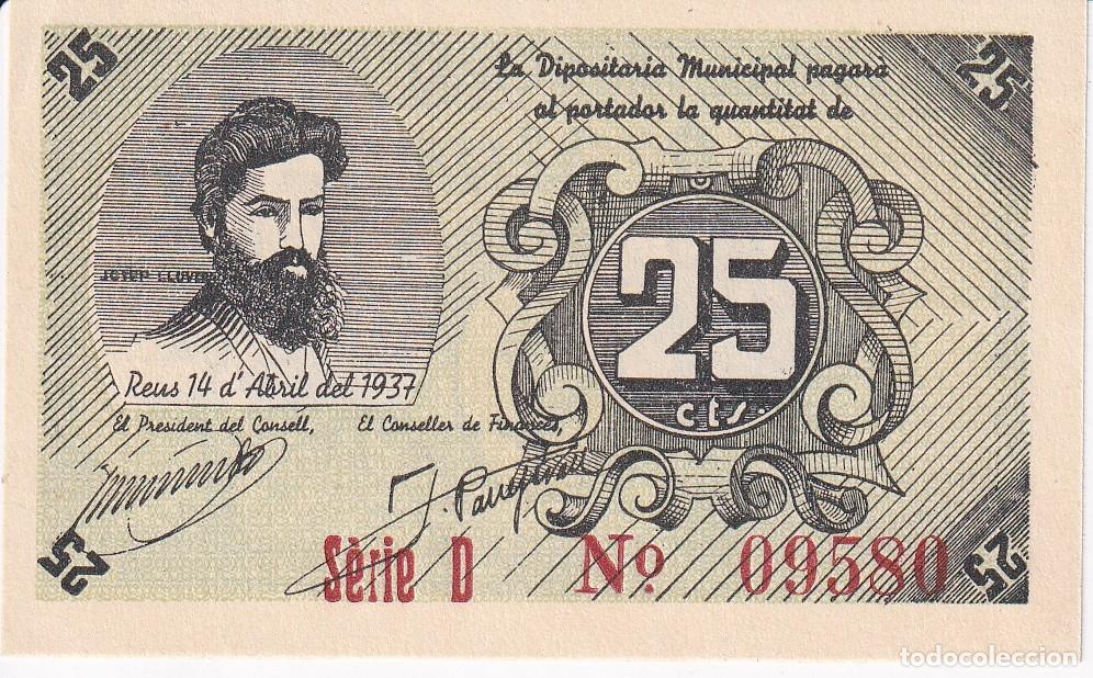 Lokale Banknoten: BILLETE DE 25 CENTIMOS DEL CONSELL MUNICIPAL DE REUS DEL A&Ntilde;O 1937 SERIE D SIN CIRCULAR (SC)