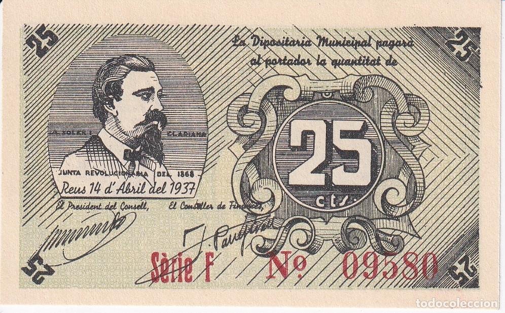 Banconote locali: BILLETE DE 25 CENTIMOS DEL CONSELL MUNICIPAL DE REUS DEL A&Ntilde;O 1937 SERIE F SIN CIRCULAR (SC)