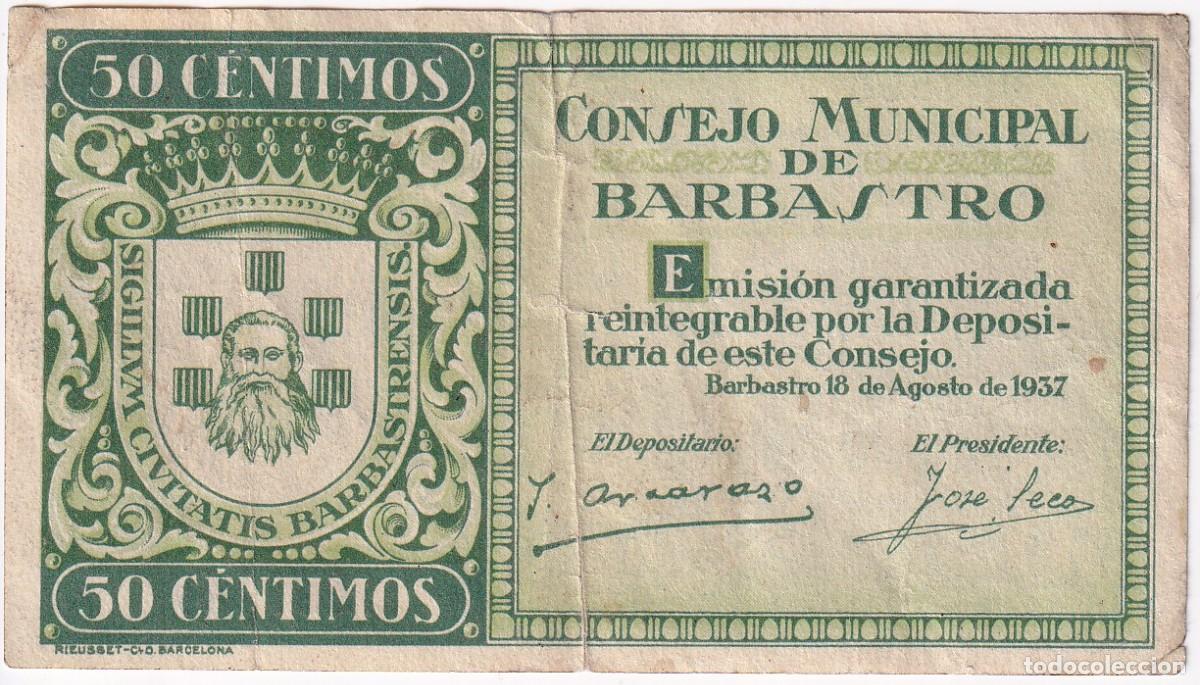 Billetes locales: BILLETE DE 50 CENTIMOS DEL CONSEJO MUNICIPAL DE BARBASTRO DEL A&Ntilde;O 1937