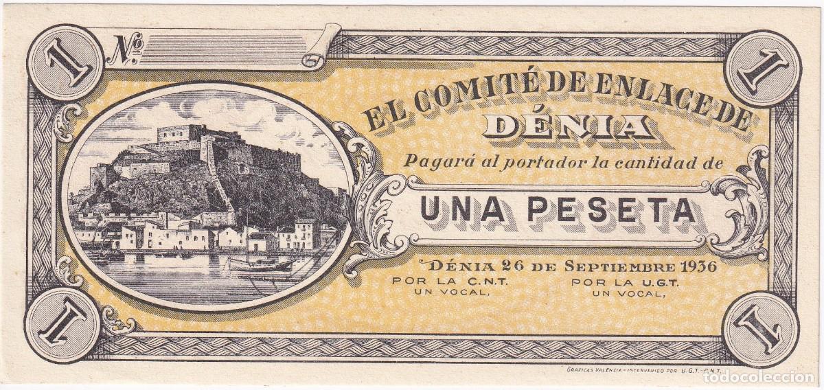 Billetes locales: BILLETE DE 1 PESETA DEL COMITE DE DENIA DEL A&Ntilde;O 1936 SIN NUMERACION SIN CIRCULAR