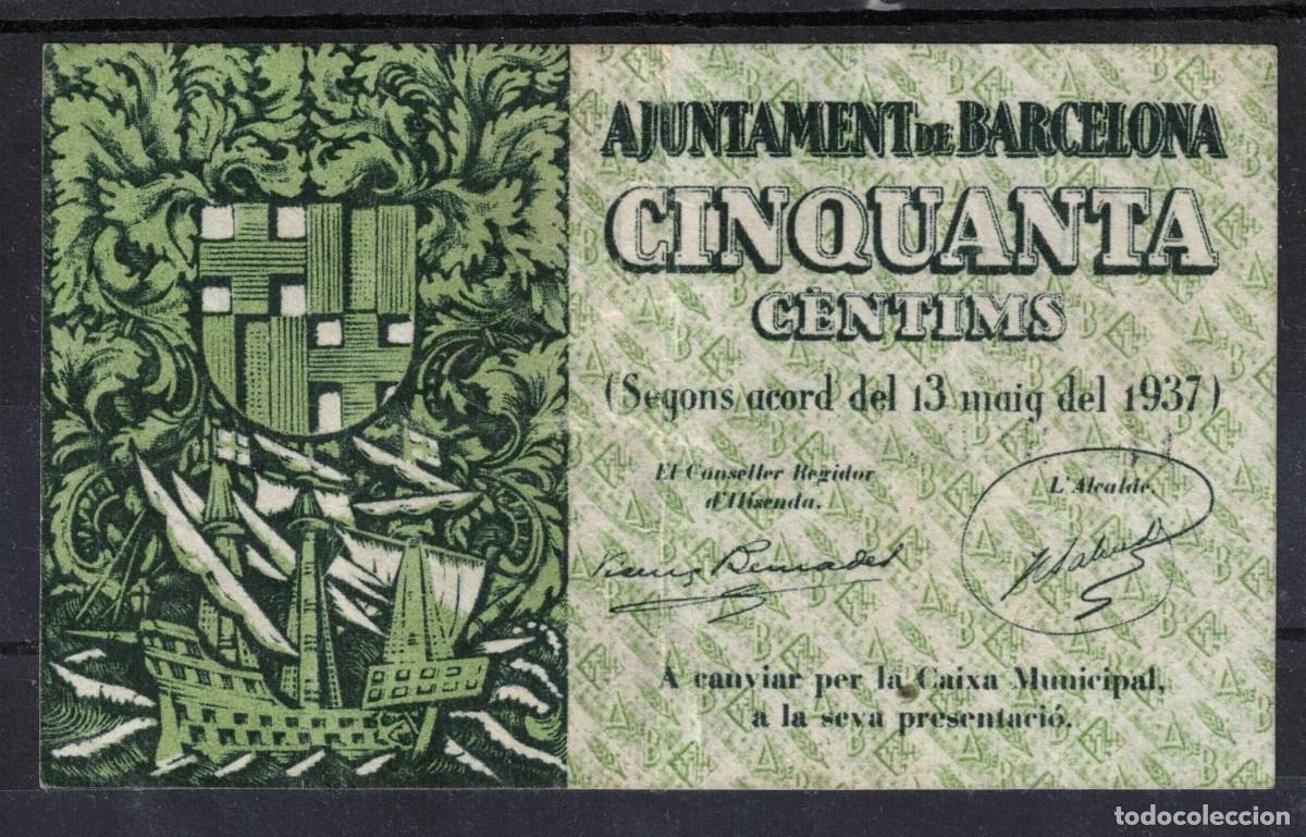 Billetes locales: BILLETE AYUNTAMIENTO DE BARCELONA 50 CENTIMOS 1937 SERIE A - MBC