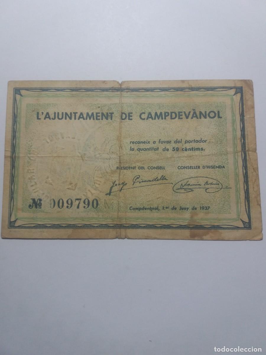 Billetes locales: Billete 50 C&egrave;ntims Ajuntament CAMPDEV&Aacute;NOL 1er. Juny 1937