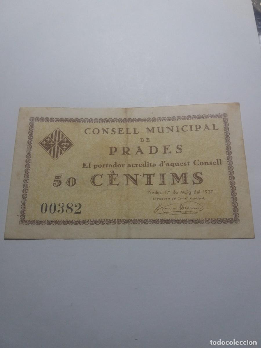 Billetes locales: Billete 50 C&egrave;ntims Consell Municipal PRADES 1er.Maig 1937