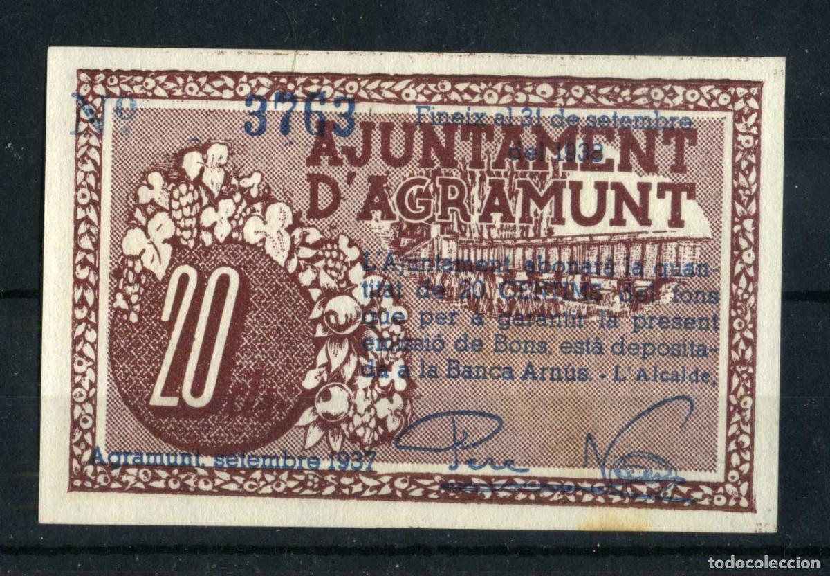 Billetes locales: XS- AGRAMUNT 20 C&egrave;ntims GUERRA CIVIL Setembre 1937 S/C T-8