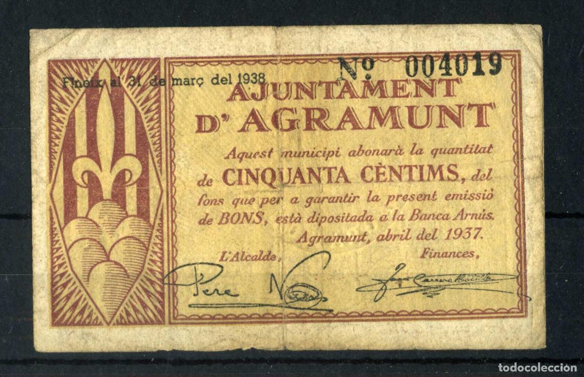 Billetes locales: XS- AGRAMUNT 50 C&egrave;ntims GUERRA CIVIL Abril 1937 T-7 Fons crema