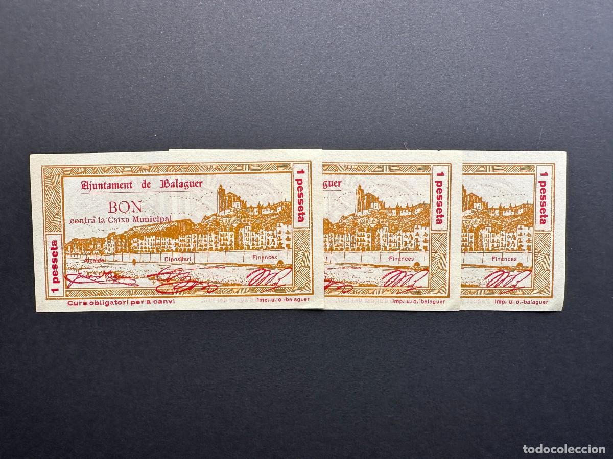 Lokale Banknoten: a&ntilde;o 1937 - TRES BILLETES CORRELATIVOS DE 1 PESETA DEL AYUNTAMIENTO DE BALAGUER - BILLETE LOCAL -