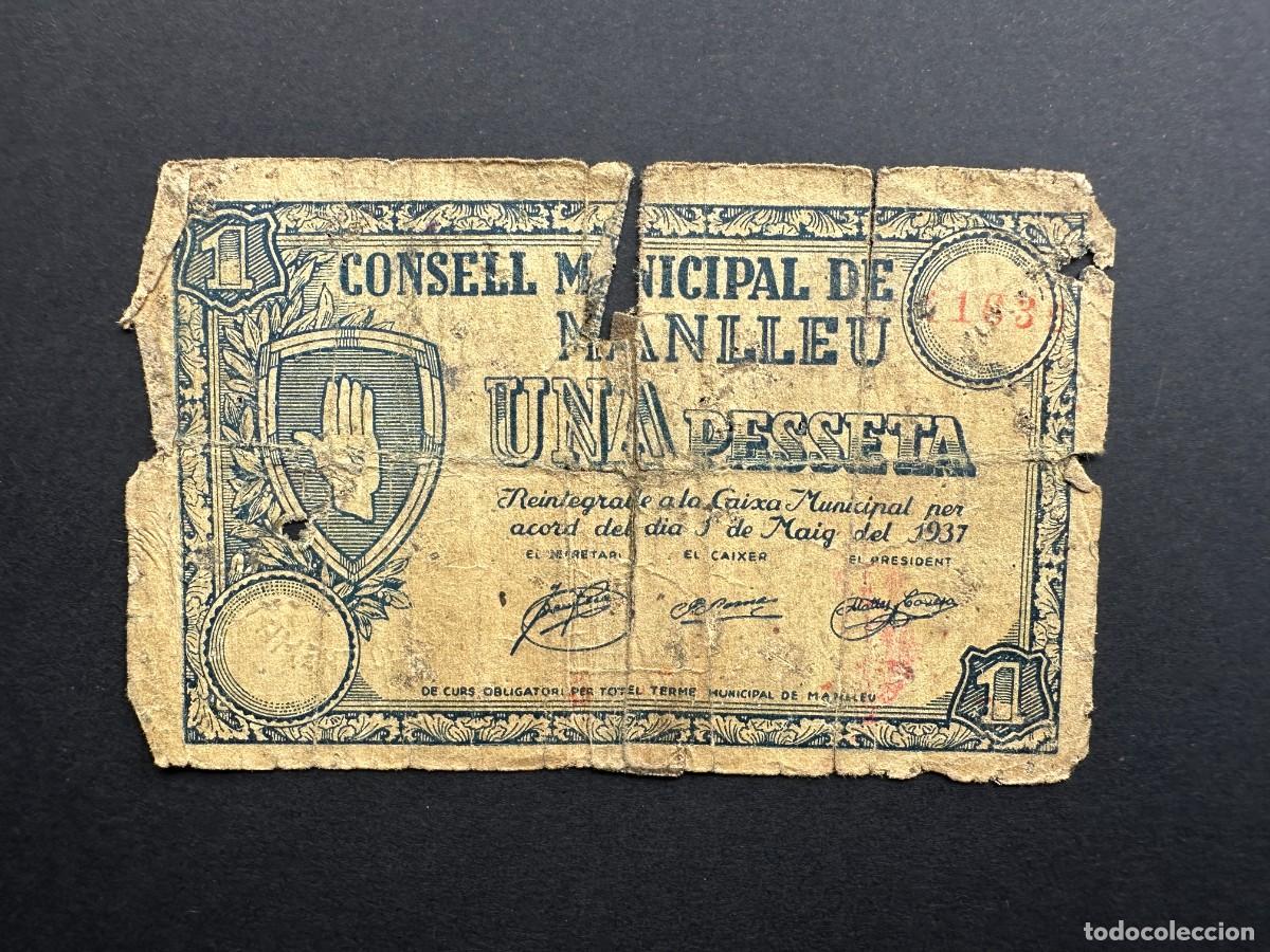 Banconote locali: a&ntilde;o 1937 - BILLETE DE 1 PESETA - CONSELL MUNICIPAL DE MANLLEU - BILLETE LOCAL
