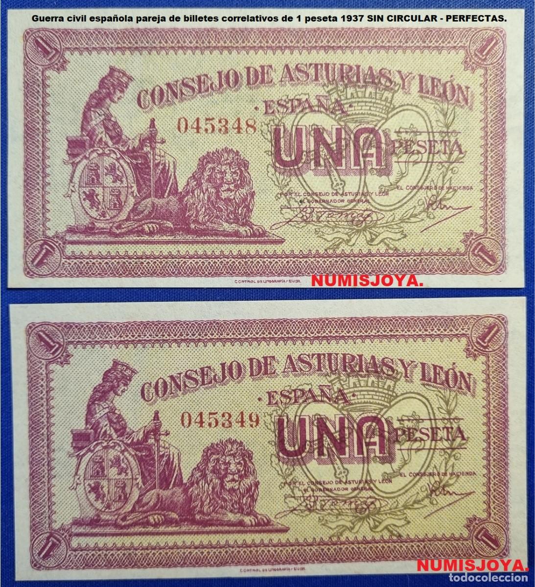 Billetes locales: Guerra civil PAREJA 1 peseta a&ntilde;o 1937 Consejo de Asturias y Le&oacute;n 045348- 349. PERFECTOS SIN CIRCULAR