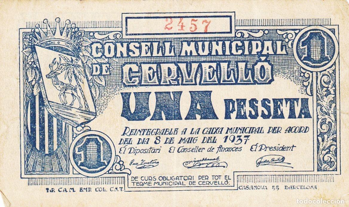 Lokale Banknoten: CRBL0076 BILLETE ESPA&Ntilde;A CONSEJO MUNICIPAL CERVELLO 1 PESETA 1937 BC