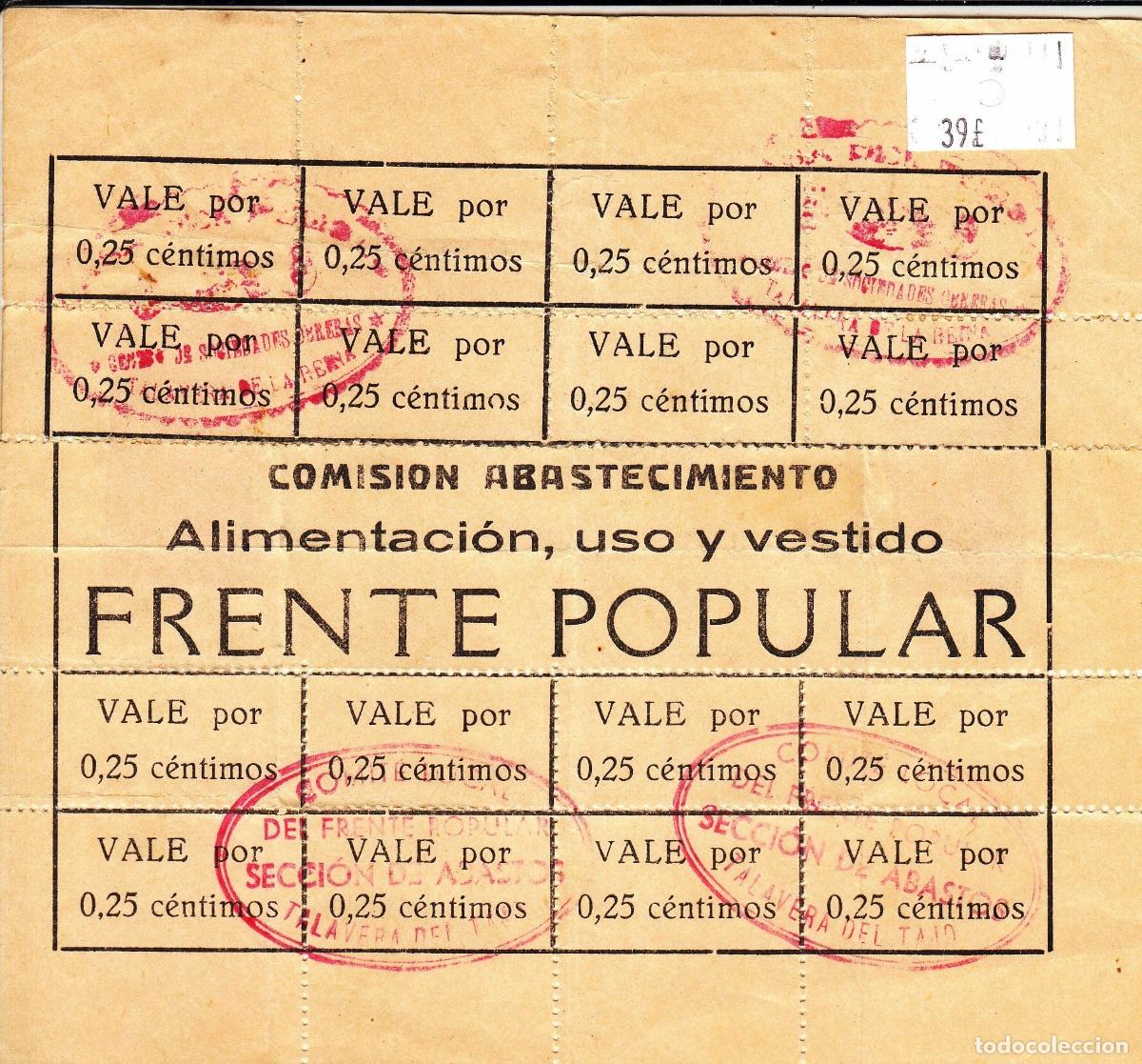 Local Banknotes: CRBL0187 PLIEGO DE VALES FRENTE POPULAR 0,25 CTS MBC