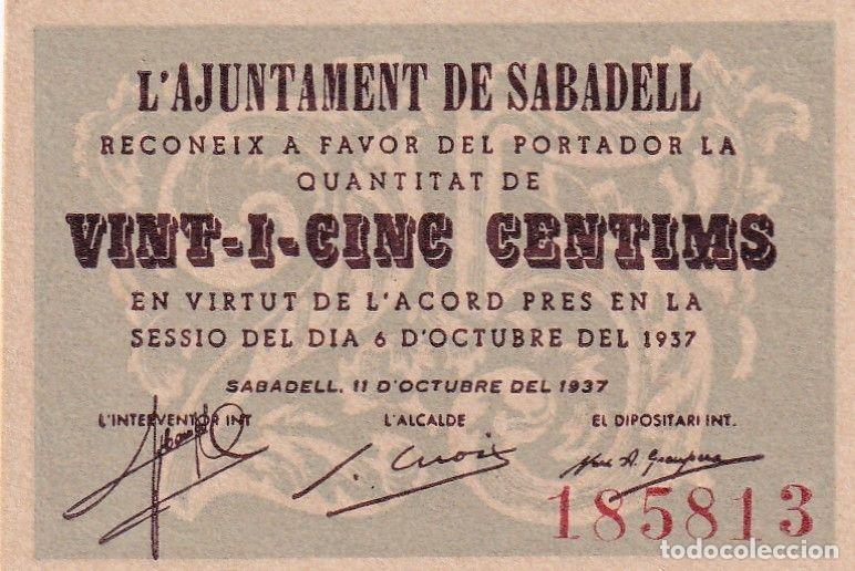 Lokale Banknoten: CRBL0220 BILLETE LOCAL ESPA&Ntilde;A 25 CENTIMOS SABADELL 1937 EBC