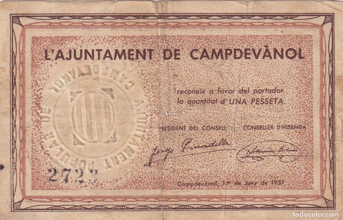 Lokale Banknoten: CRBL0275 BILLETE LOCAL ESPA&Ntilde;A 1 PESETA CAMPDEVANOL 1937 BC