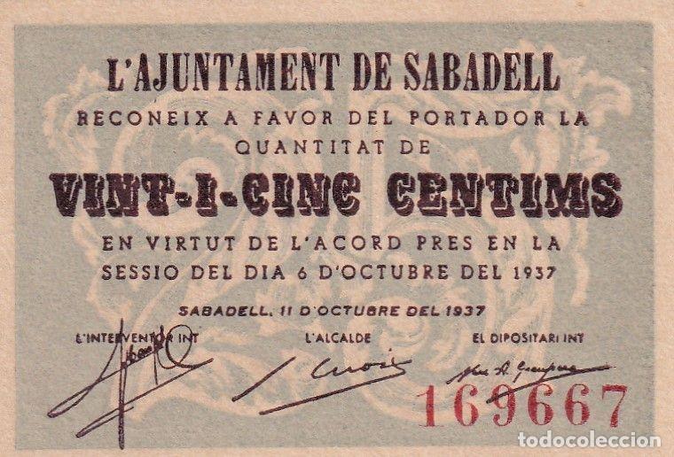 Billets locaux: CRBL0493 BILLETE LOCAL ESPA&Ntilde;A SABADELL 25 CENTIMOS 1937 SIN CIRCULAR