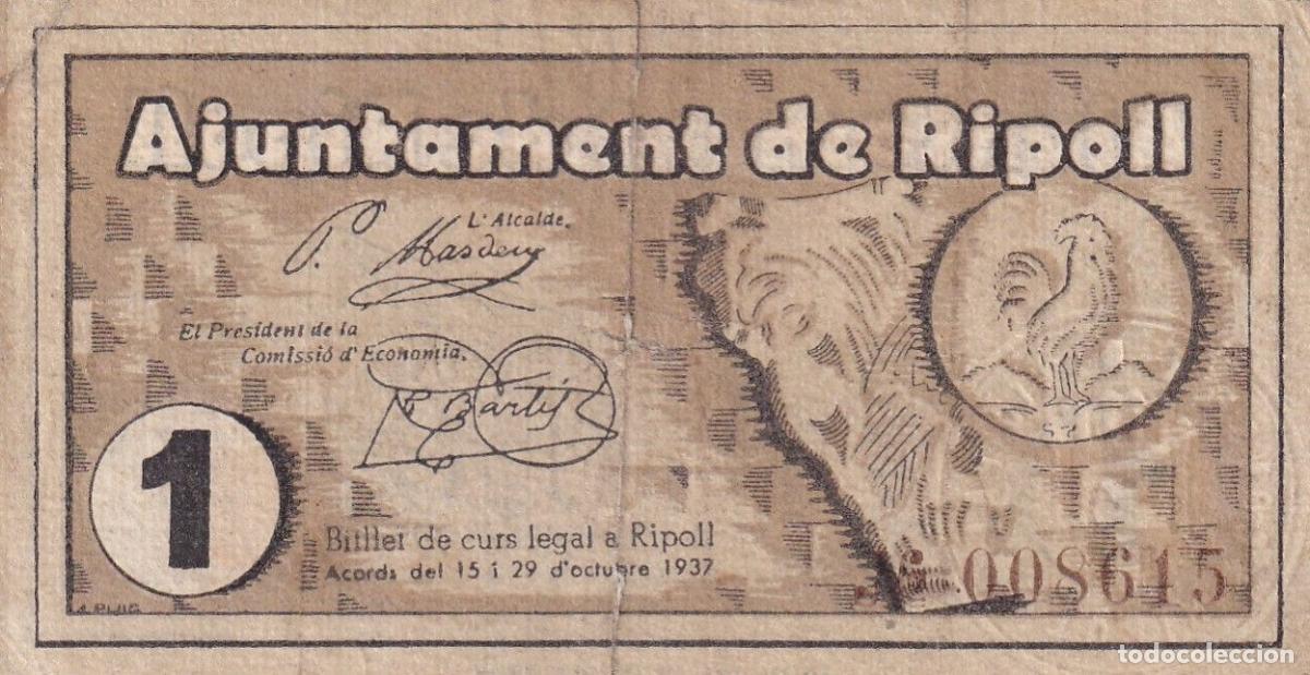 Lokale Banknoten: CRBL0491 BILLETE LOCAL ESPA&Ntilde;A RIPOLL 1 PESETA 1937 BC