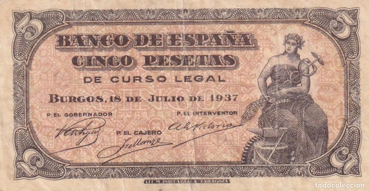 Notas locais: CRBS1822 BILLETE ESPA&Ntilde;A 5 PESETAS 1937 SERIE A MBC