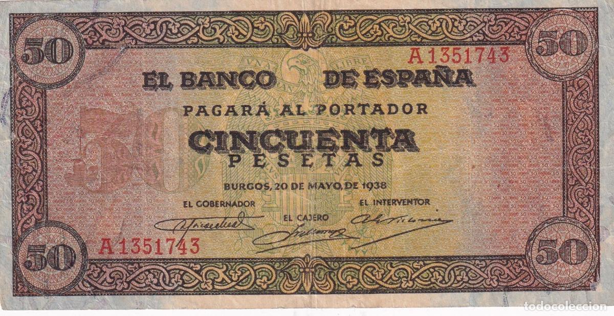 Notas locais: CRBS1842 BILLETE ESPA&Ntilde;A 50 PESETAS 1938 SERIE A MBC