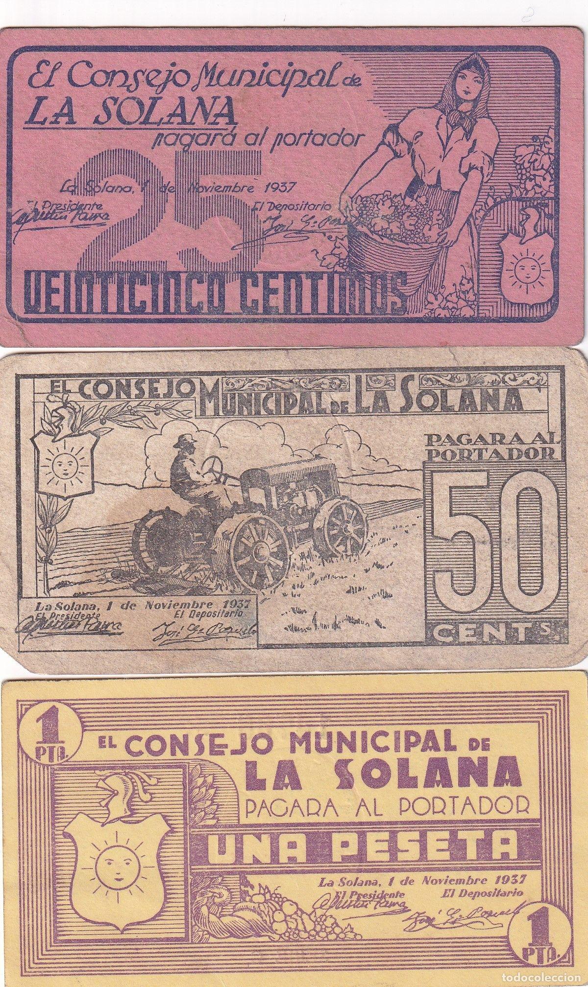 Banconote locali: CRBL0332 BILLETE LOCAL 0,25, 0,50 Y 1 PESETA LA SOLANA MBC+
