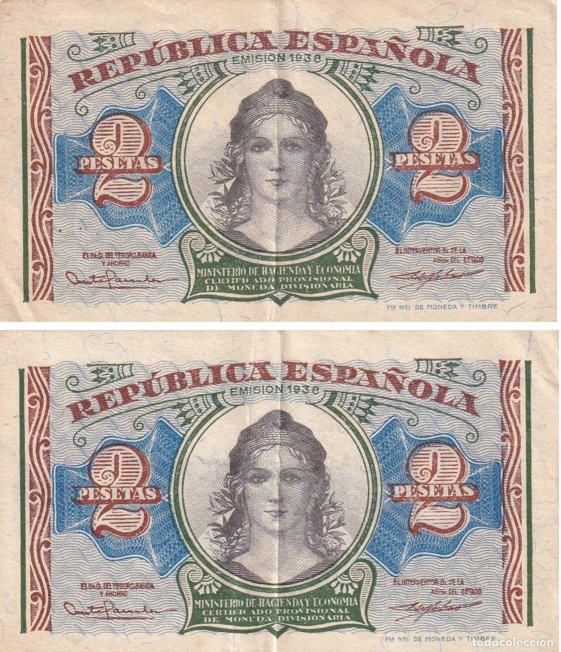 Lokale Banknoten: CRBS1920 PAREJA CORRELATIVA BILLETES ESPA&Ntilde;A 2 PESETAS 1938 SERIE A MBC+