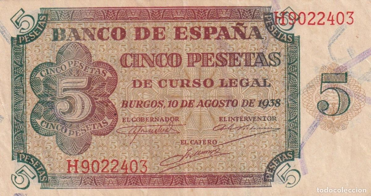 Banconote locali: CRBS2766 BILLETE ESPA&Ntilde;A 5 PESETAS 1938 SERIE H EBC-