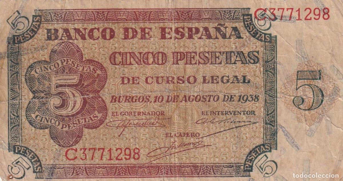 Notas locais: CRBS2942 BILLETE ESPA&Ntilde;A 5 PESETAS 1938 SERIE C BC