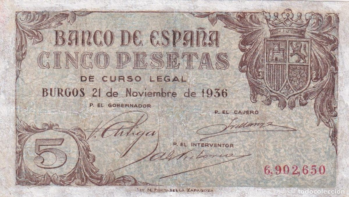 Notas locais: CRBS3143 BILLETE ESPA&Ntilde;A 5 PESETAS 1936 RESTAURADO